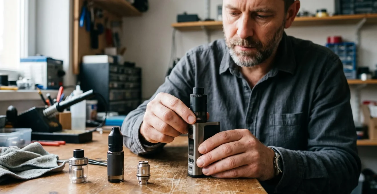 An adult adjusting the airflow ring of a vape tank at a wooden desk with spare atomiser parts nearby.