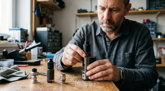 An adult adjusting the airflow ring of a vape tank at a wooden desk with spare atomiser parts nearby.