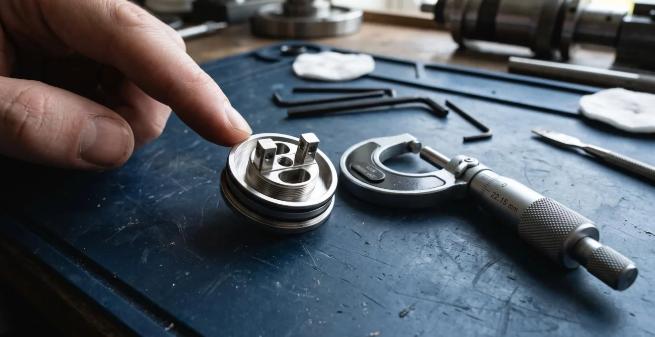 A disassembled rebuildable atomiser base on a workbench with a micrometer beside it, showing machined threads and sealing surfaces under directional light.