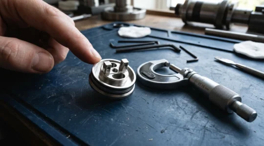 A disassembled rebuildable atomiser base on a workbench with a micrometer beside it, showing machined threads and sealing surfaces under directional light.