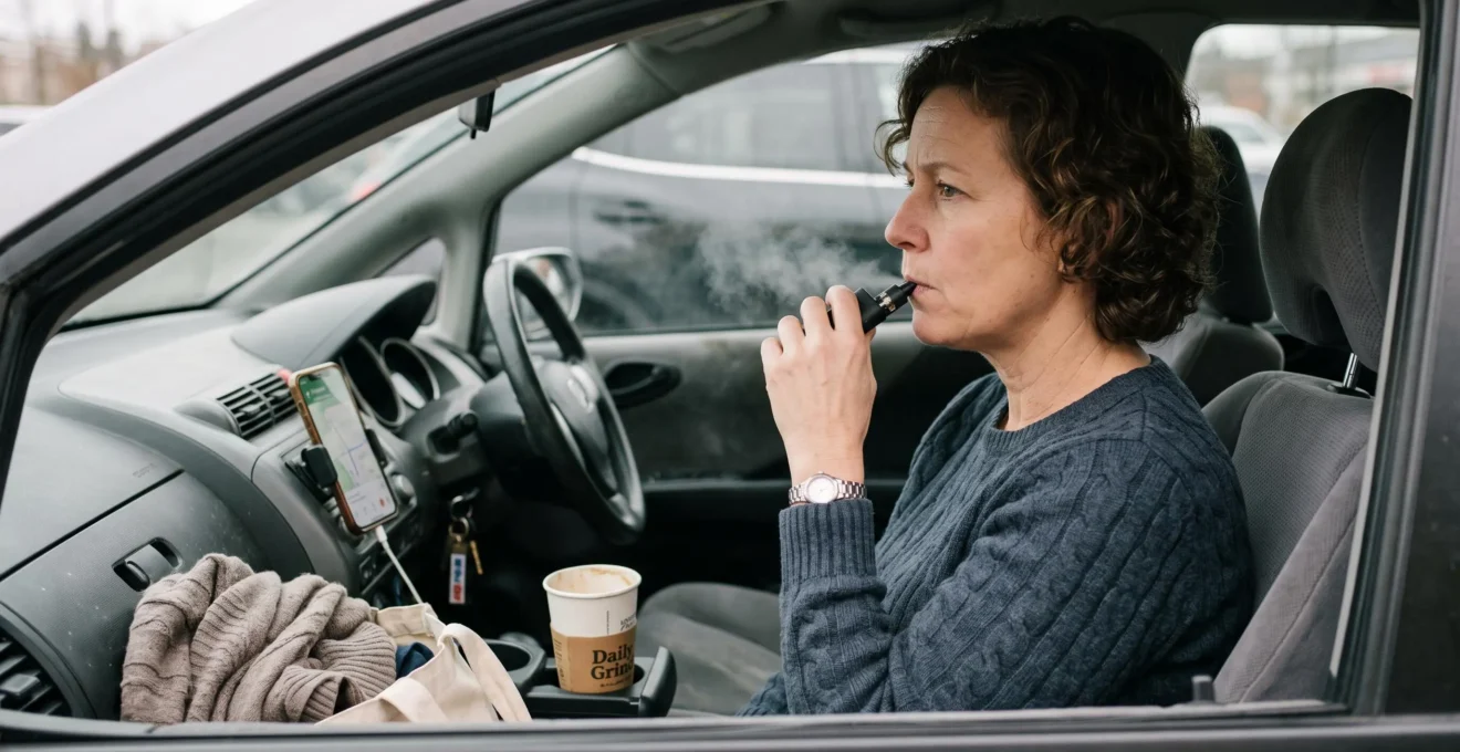 A driver holding a vape device toward their mouth in an automatic hand-to-mouth gesture while sitting in a parked car.
