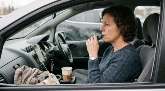 A driver holding a vape device toward their mouth in an automatic hand-to-mouth gesture while sitting in a parked car.