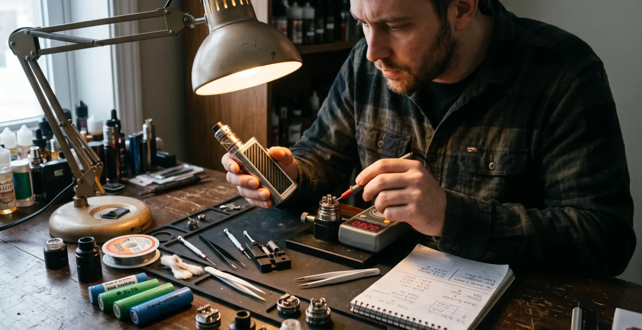 A person checking the resistance of a disassembled vape atomizer with a digital reader on a home workbench before fitting it to the device.