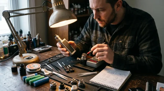 A person checking the resistance of a disassembled vape atomizer with a digital reader on a home workbench before fitting it to the device.
