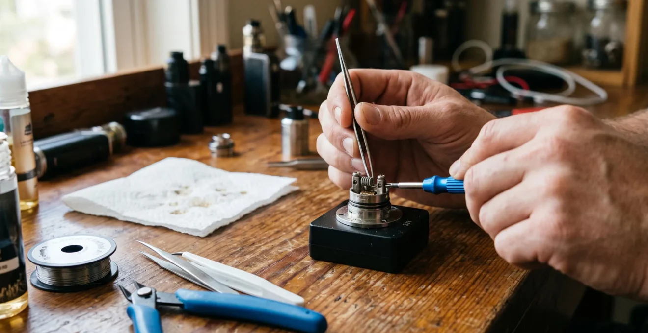 A person uses tweezers and a small screwdriver to position and tighten a coil between the build posts of a rebuildable atomiser deck on a workbench.