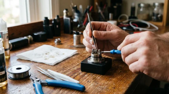 A person uses tweezers and a small screwdriver to position and tighten a coil between the build posts of a rebuildable atomiser deck on a workbench.