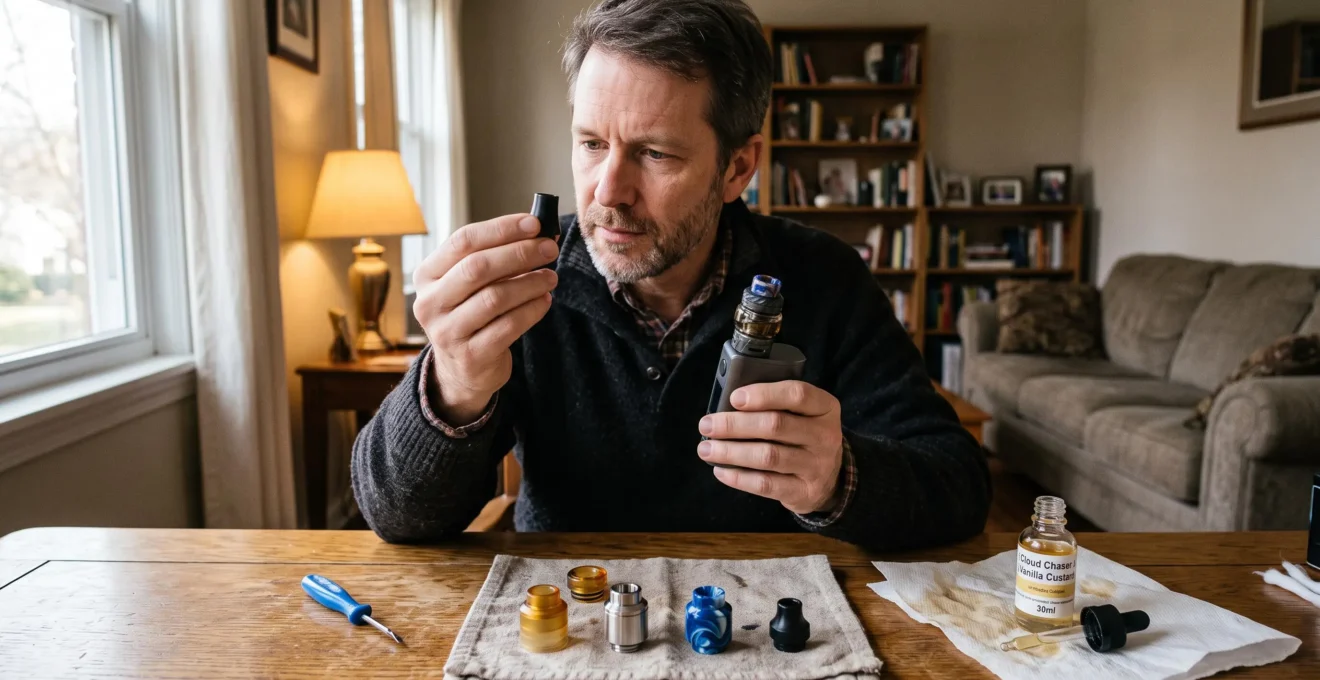 A vaper at a desk compares a wide-bore drip tip and a narrow-bore drip tip fitted on an atomiser, with several mouthpieces in different materials laid out nearby.