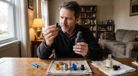 A vaper at a desk compares a wide-bore drip tip and a narrow-bore drip tip fitted on an atomiser, with several mouthpieces in different materials laid out nearby.