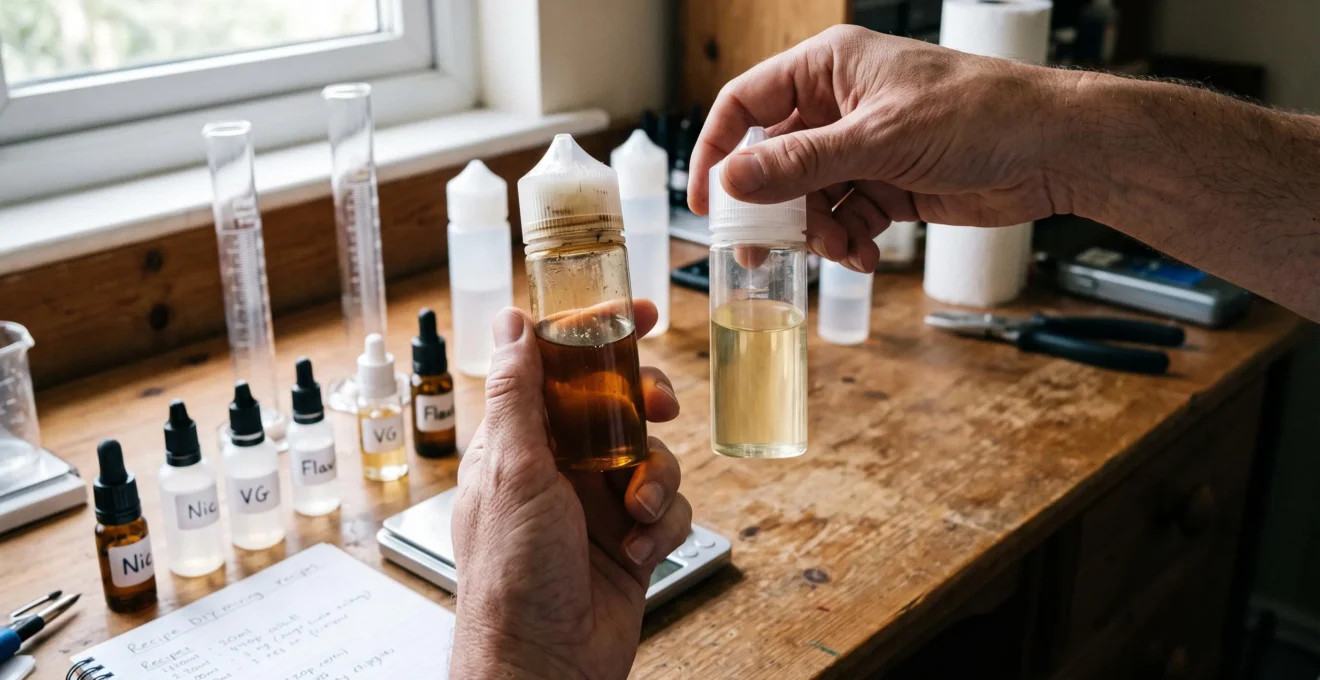 Two hands holding two e-liquid bottles side by side to compare the colour of a freshly mixed liquid with one that has steeped longer.