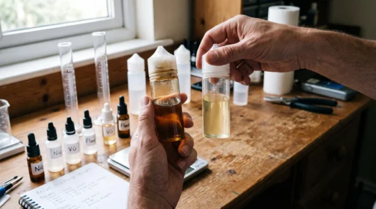 Two hands holding two e-liquid bottles side by side to compare the colour of a freshly mixed liquid with one that has steeped longer.