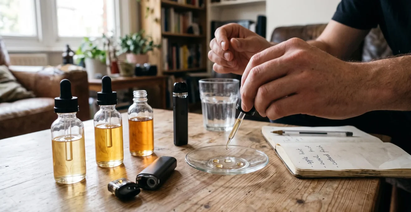 A person comparing drops of e-liquid from unbranded bottles on a glass plate next to a refillable vape device and tasting notes.