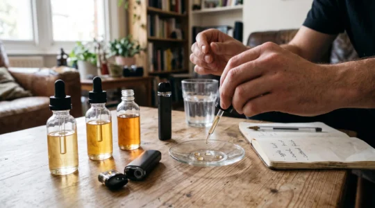 A person comparing drops of e-liquid from unbranded bottles on a glass plate next to a refillable vape device and tasting notes.