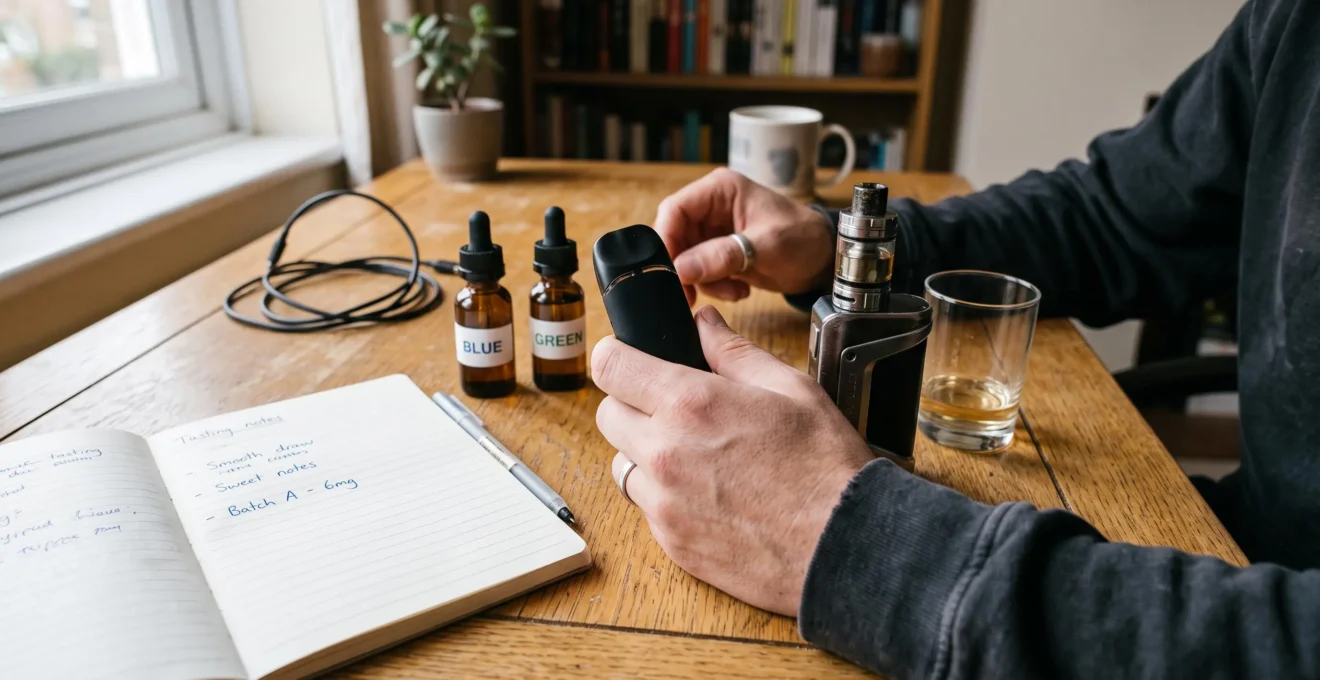 A person holds a pod vape device next to a tank mod on a desk while comparing the same e-liquid in both, with tasting notes nearby.