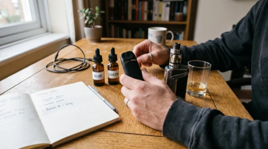 A person holds a pod vape device next to a tank mod on a desk while comparing the same e-liquid in both, with tasting notes nearby.