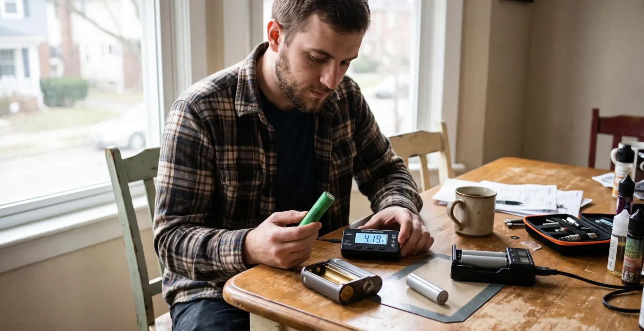 A person comparing two removable vape batteries beside an opened regulated vape mod and a two-slot battery charger on a wooden table.