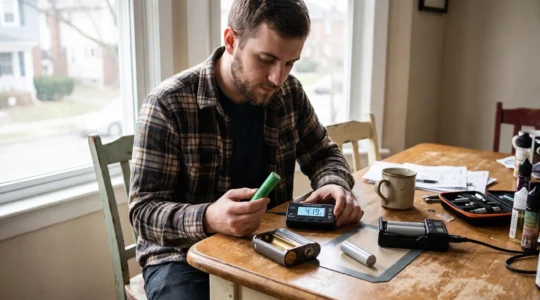 A person comparing two removable vape batteries beside an opened regulated vape mod and a two-slot battery charger on a wooden table.