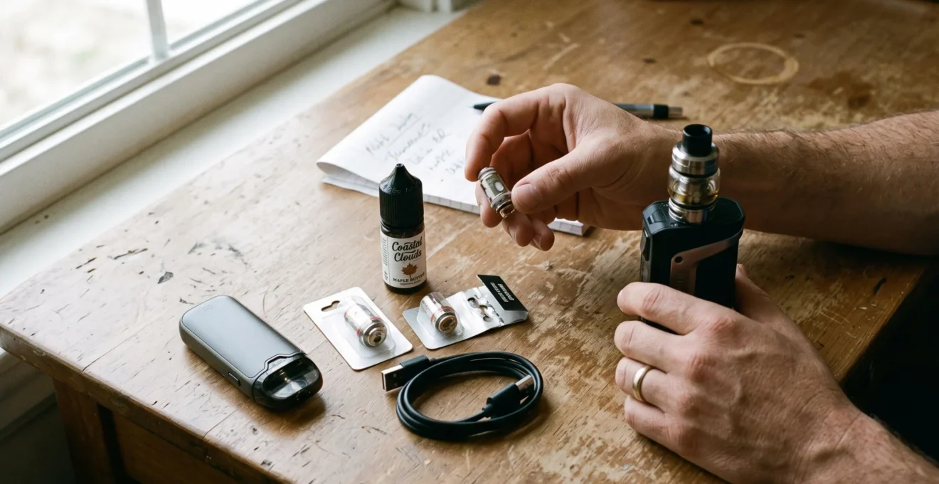 A person compares a compact pod device and a larger mod with tank, replacement coils and e-liquid laid out on a wooden desk.