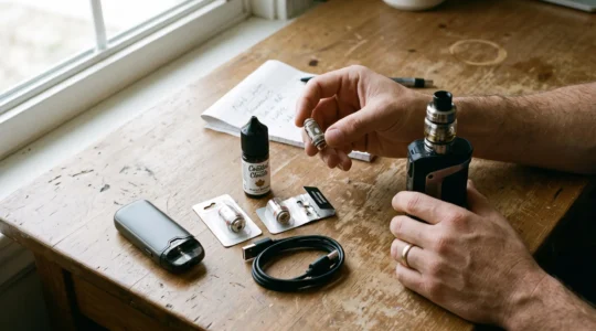 A person compares a compact pod device and a larger mod with tank, replacement coils and e-liquid laid out on a wooden desk.