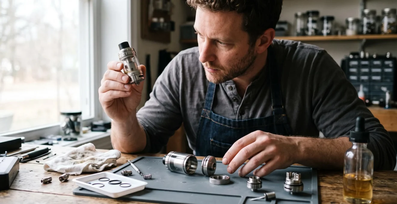 A person comparing two vape tanks side by side, holding one with a wider chimney while the other lies disassembled on the desk.