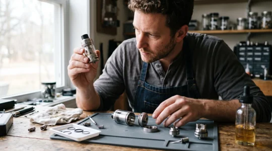 A person comparing two vape tanks side by side, holding one with a wider chimney while the other lies disassembled on the desk.