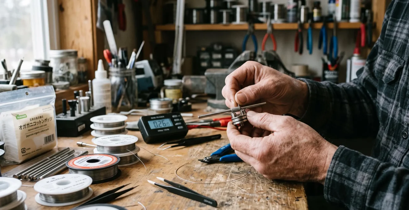 A vaper wrapping resistance wire around a mandrel to build a custom coil on a workbench with wire spools and an ohm reader.