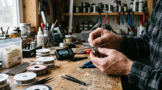 A vaper wrapping resistance wire around a mandrel to build a custom coil on a workbench with wire spools and an ohm reader.