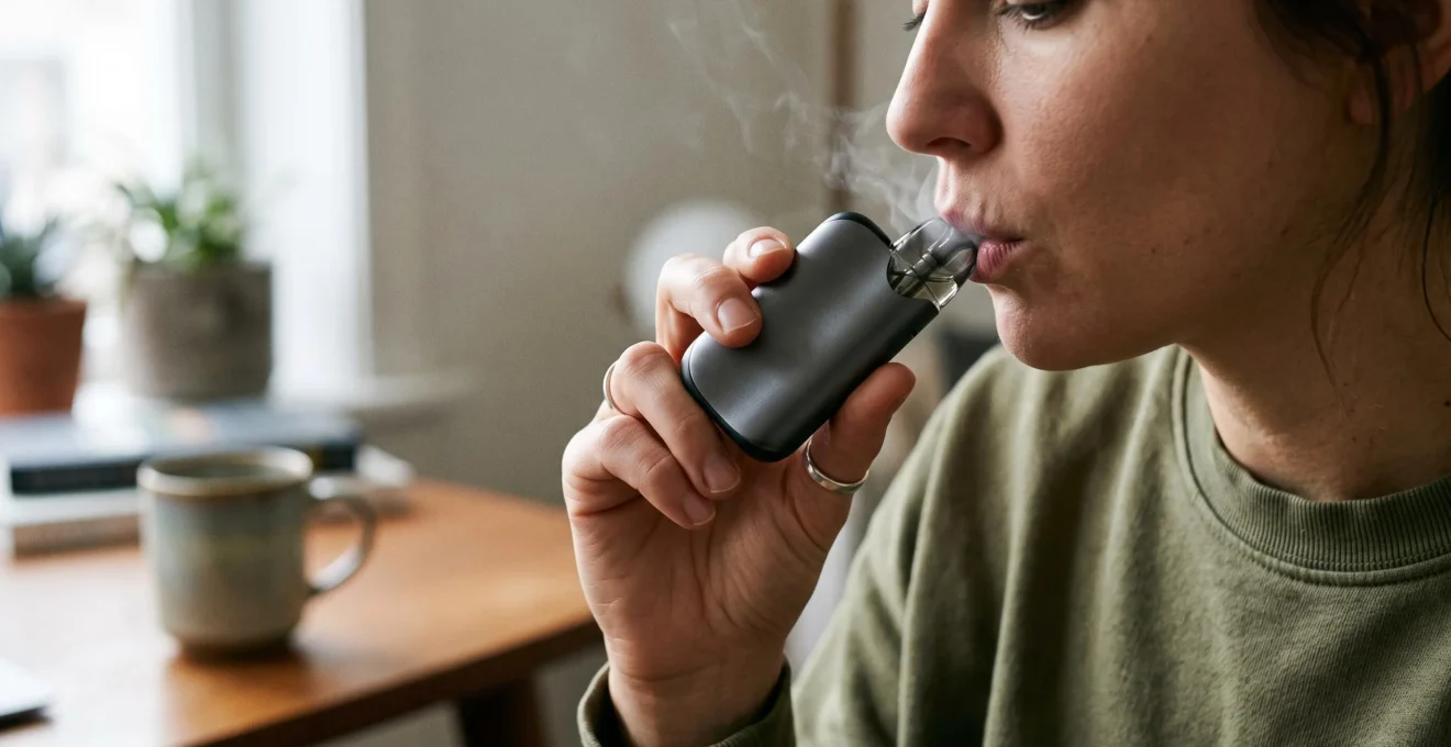 A person inhaling from a buttonless draw-activated vape device with light vapor visible.