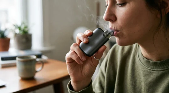A person inhaling from a buttonless draw-activated vape device with light vapor visible.