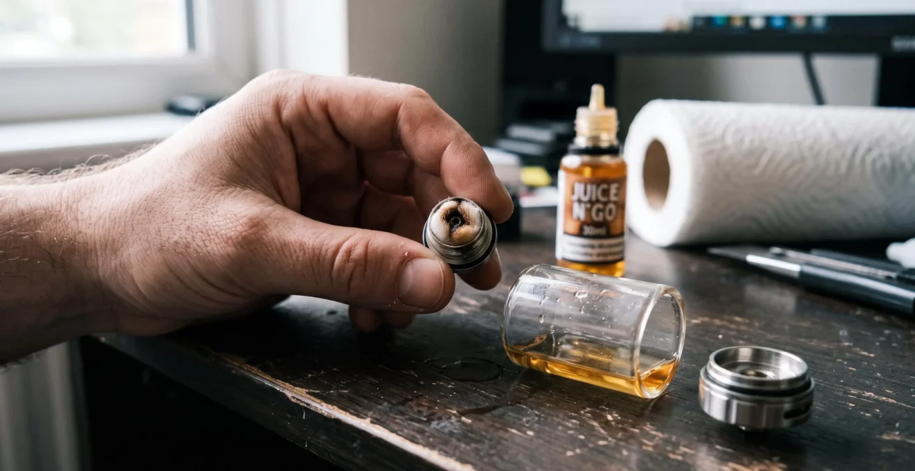 A disassembled vape tank lying on a desk, with a dry browned cotton wick on the detached coil while the tank still contains e-liquid.