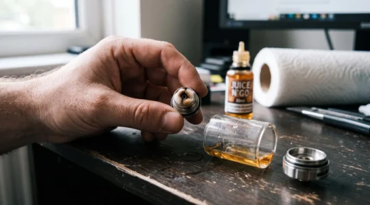 A disassembled vape tank lying on a desk, with a dry browned cotton wick on the detached coil while the tank still contains e-liquid.