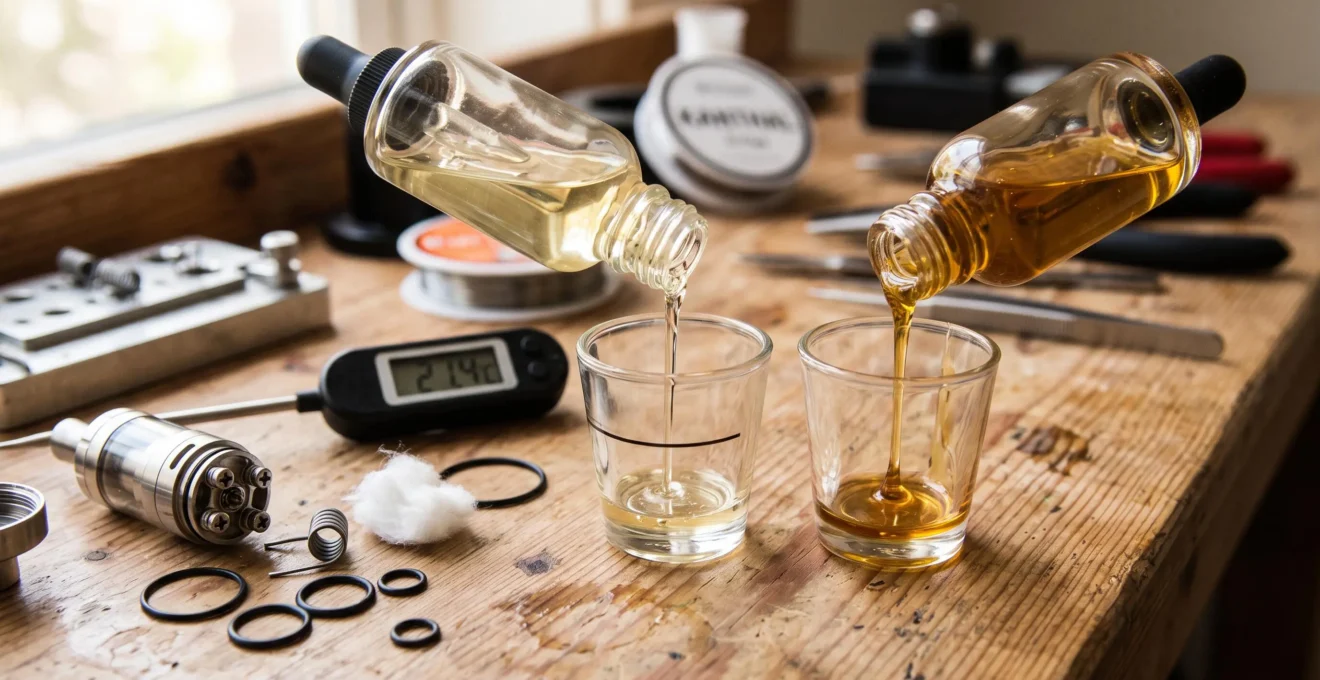 Two e-liquid bottles tilted on a wooden bench, with a thin liquid pouring fast and a thick liquid dripping slowly next to a disassembled vape tank.