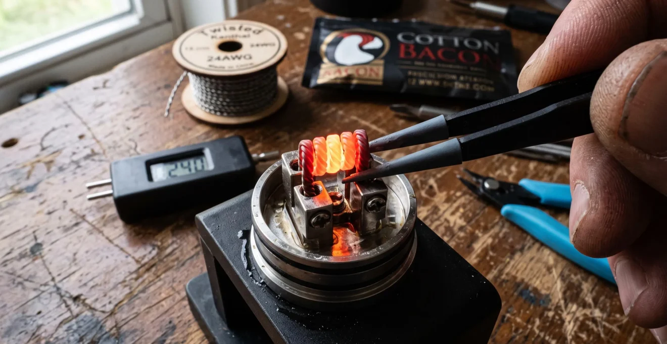 A rebuilt vape coil glowing orange on an atomizer deck while being held with tweezers during a test pulse.