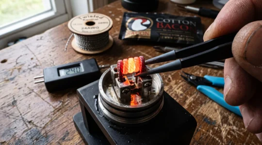 A rebuilt vape coil glowing orange on an atomizer deck while being held with tweezers during a test pulse.