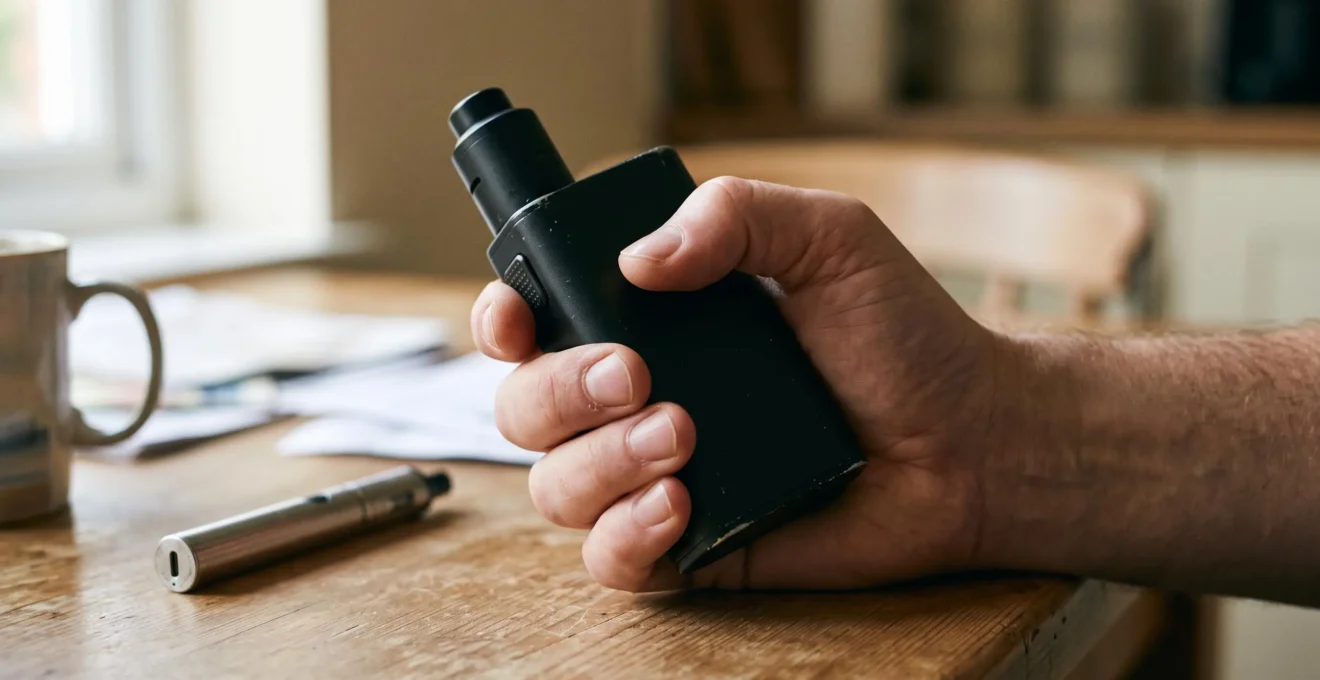 A hand gripping a wide box-shaped vape device with the thumb resting on the fire button, next to a slim pen-style vape on a table.