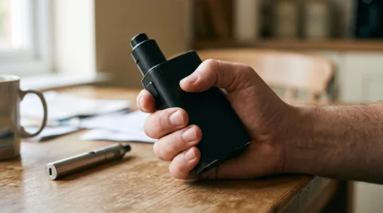 A hand gripping a wide box-shaped vape device with the thumb resting on the fire button, next to a slim pen-style vape on a table.