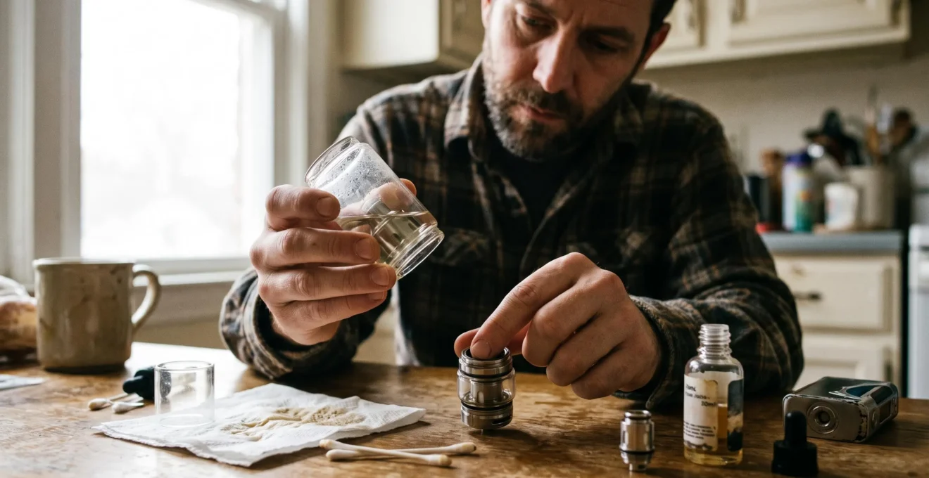 A person holding a clear glass vape tank up to window light and inspecting the glass and seals at a kitchen table with the tank components laid out.