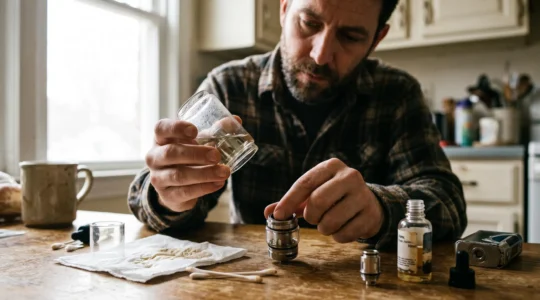 A person holding a clear glass vape tank up to window light and inspecting the glass and seals at a kitchen table with the tank components laid out.