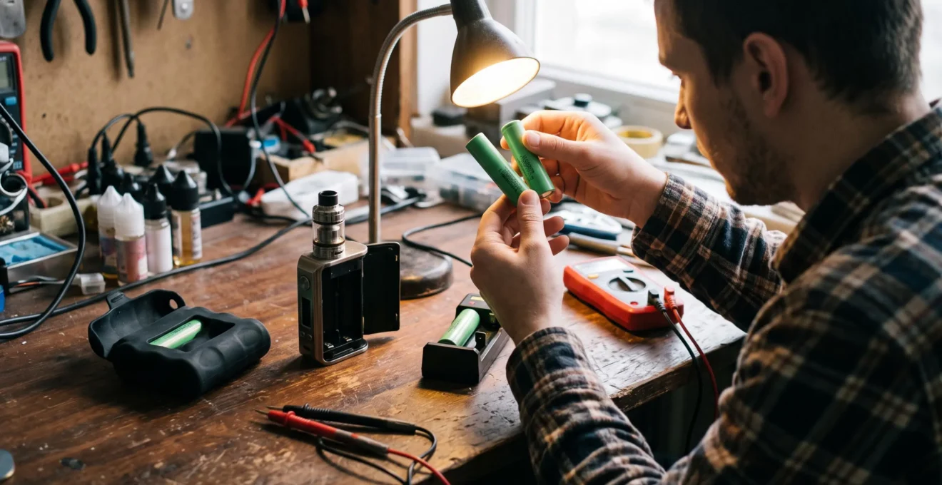A person inspecting the plastic wrapping of two removable vape battery cells on a workbench beside an open vape mod, a charger and a multimeter.