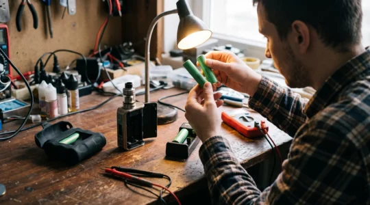 A person inspecting the plastic wrapping of two removable vape battery cells on a workbench beside an open vape mod, a charger and a multimeter.