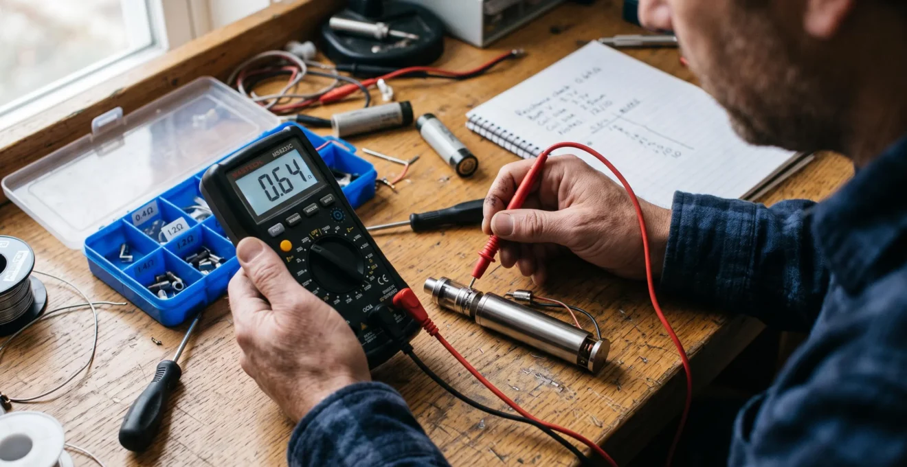 A person measures the resistance of a disassembled vape device with a digital multimeter on an electronics workbench.