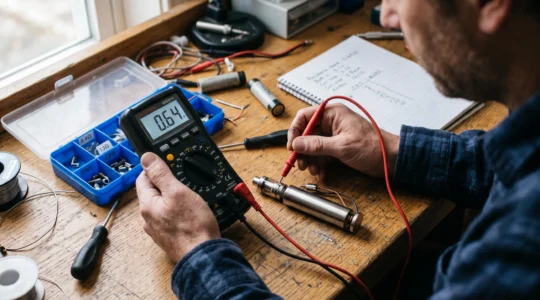 A person measures the resistance of a disassembled vape device with a digital multimeter on an electronics workbench.