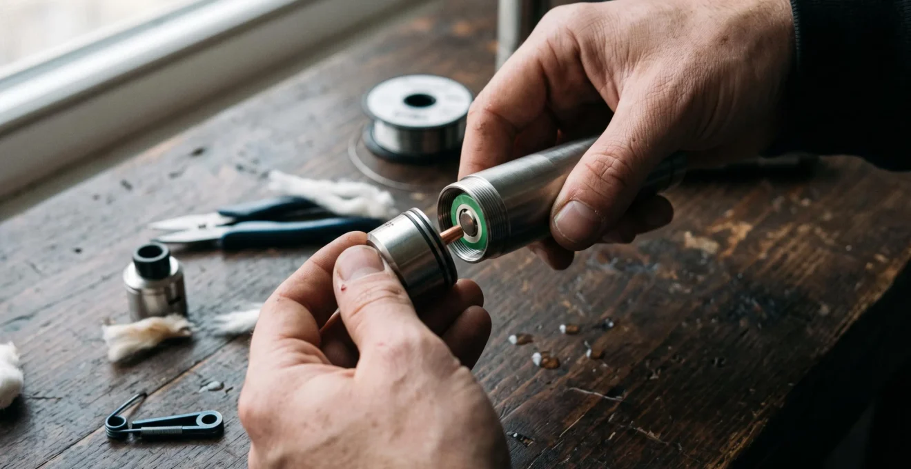 A person holding a disassembled mechanical vape mod with its removable battery and atomiser, showing the direct metal contact between battery and atomiser pin.