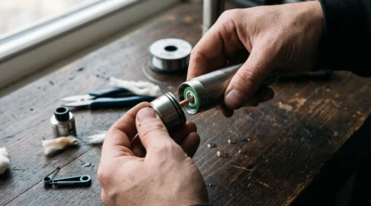 A person holding a disassembled mechanical vape mod with its removable battery and atomiser, showing the direct metal contact between battery and atomiser pin.