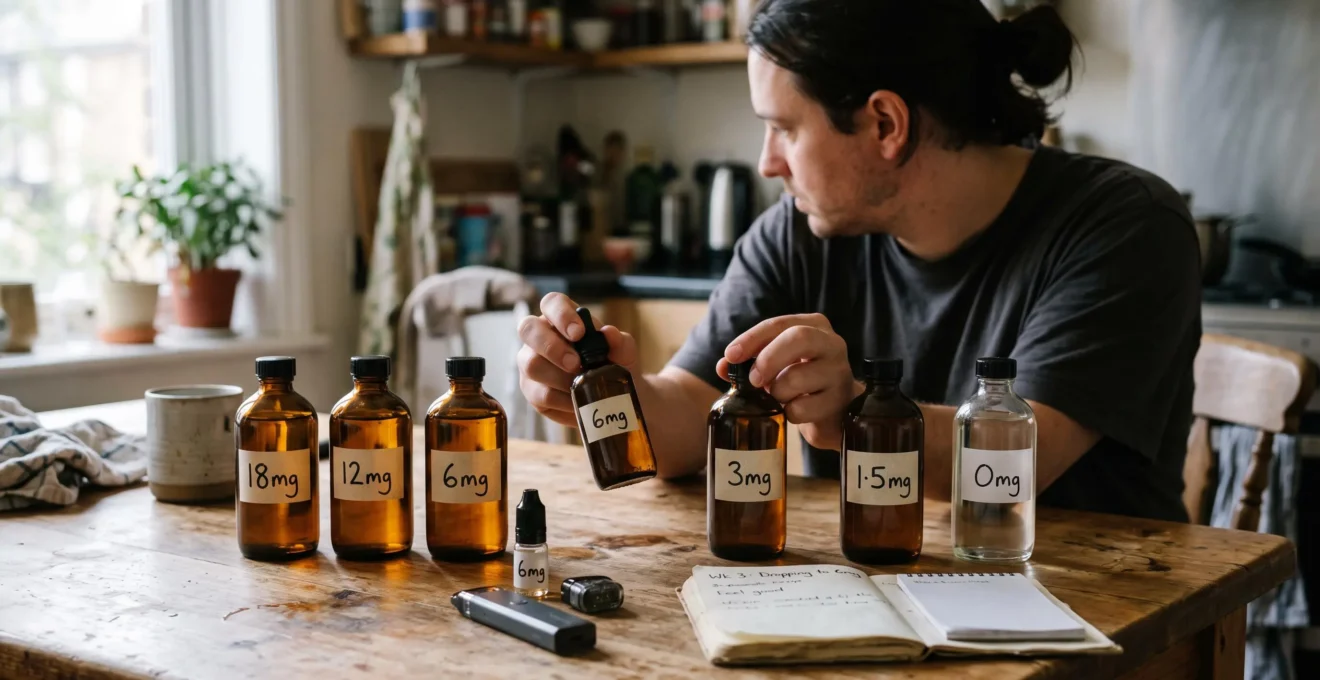 A row of e-liquid bottles arranged by descending nicotine strength on a table while a person compares two bottles.