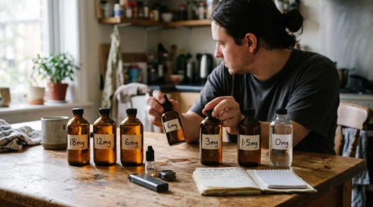 A row of e-liquid bottles arranged by descending nicotine strength on a table while a person compares two bottles.