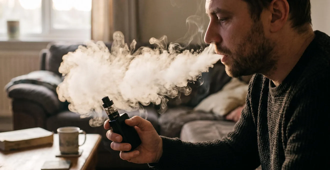 A person exhaling a large cloud of vapour while holding a vape device with the airflow ring fully open in a softly lit room.