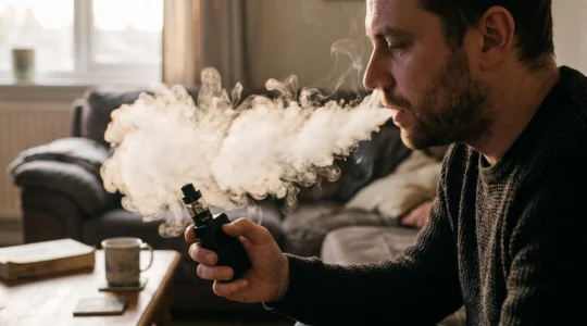 A person exhaling a large cloud of vapour while holding a vape device with the airflow ring fully open in a softly lit room.