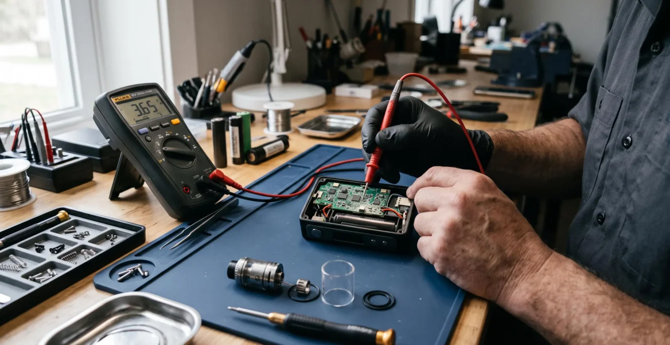 An open vape mod on a workbench showing its circuit board while a technician measures a solder point with a multimeter probe.