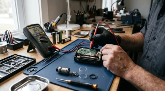 An open vape mod on a workbench showing its circuit board while a technician measures a solder point with a multimeter probe.