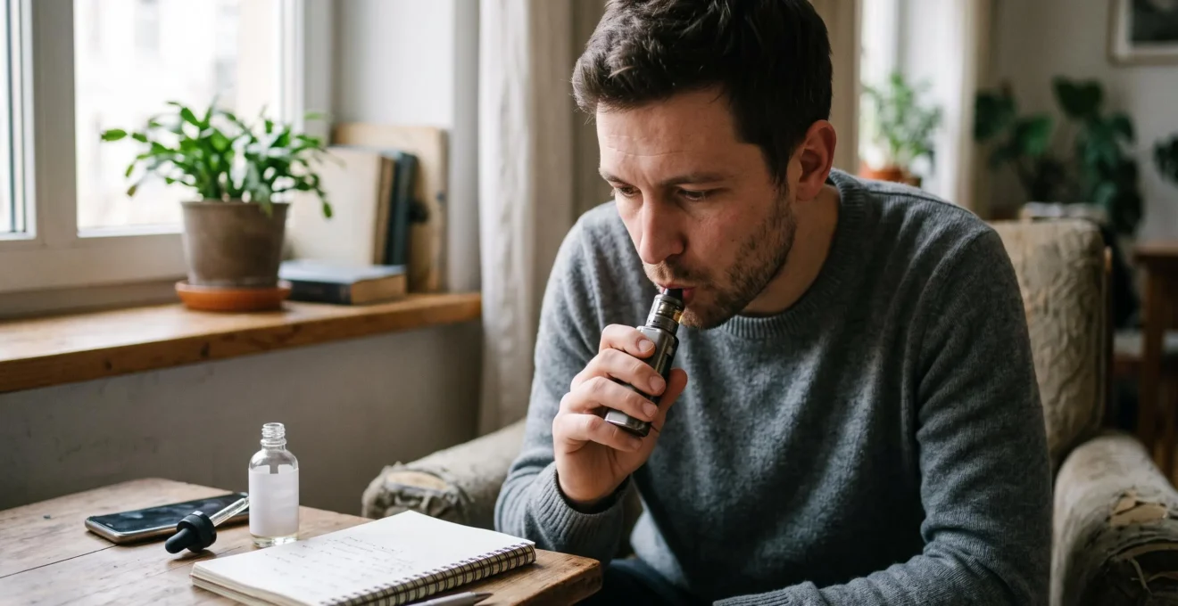 A person vaping by a window with an open e-liquid bottle and a notebook on the table beside them.